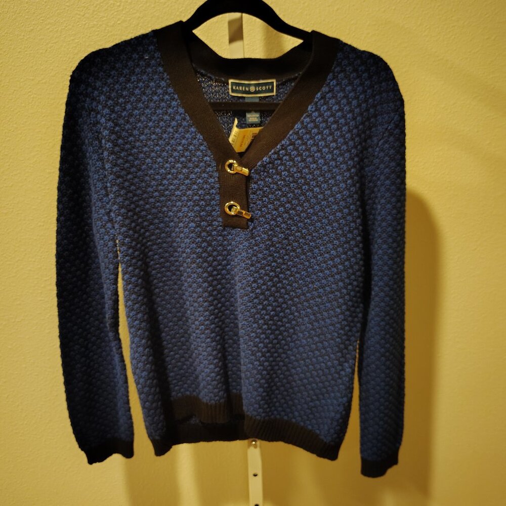 Karen Scott Hardware Henley Women's Sweater NWT Size Medium Blue Combo Black